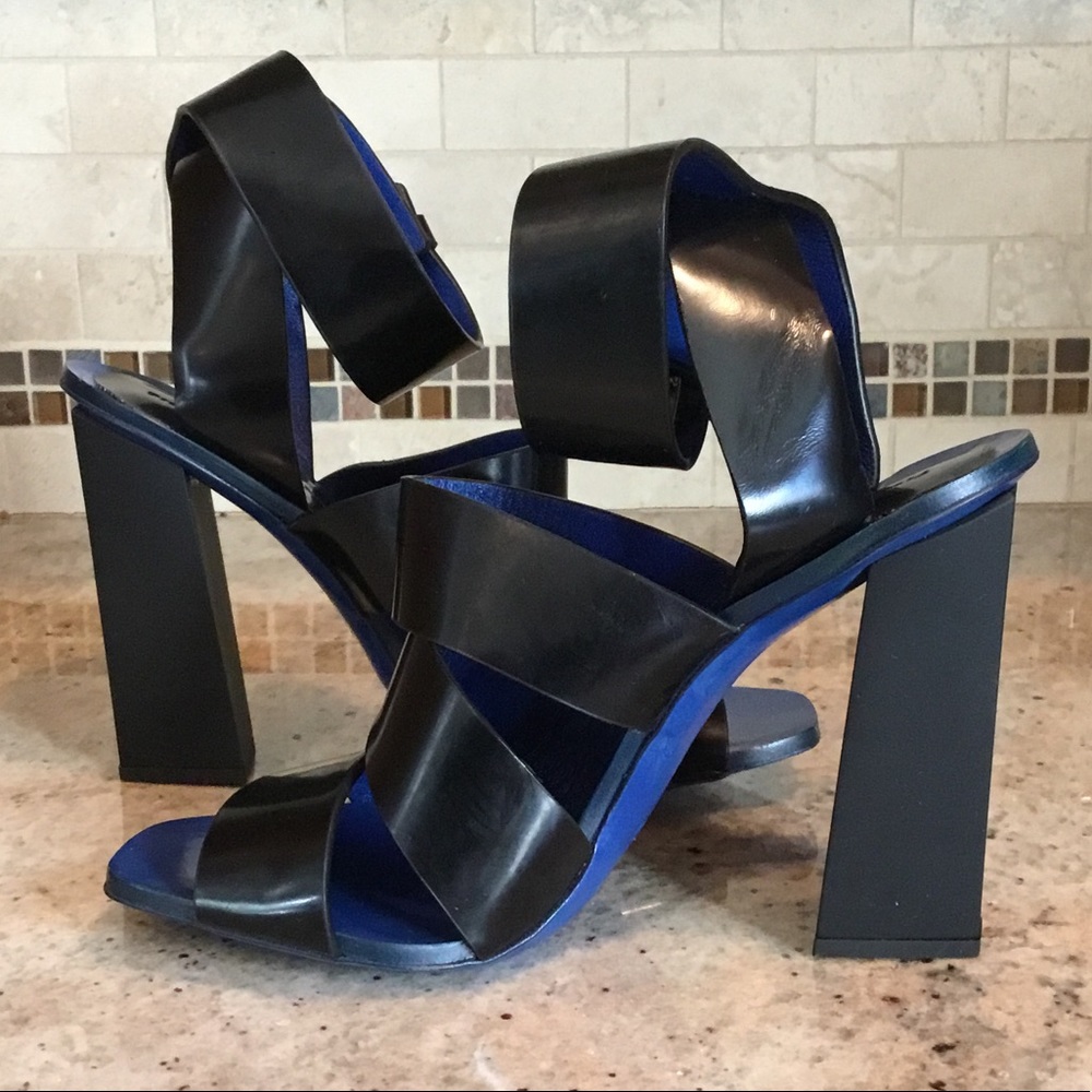 Proenza Schouler Black Blue Patent Leather Strappy Heels Sandals - Picture 2 of 16